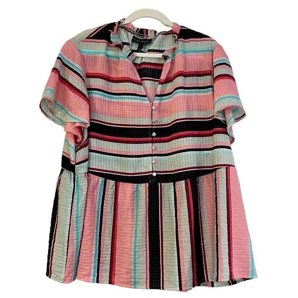 Lane Bryant Women’s Multi-color Short Sleeve Split Neck Stripped Blouse 24